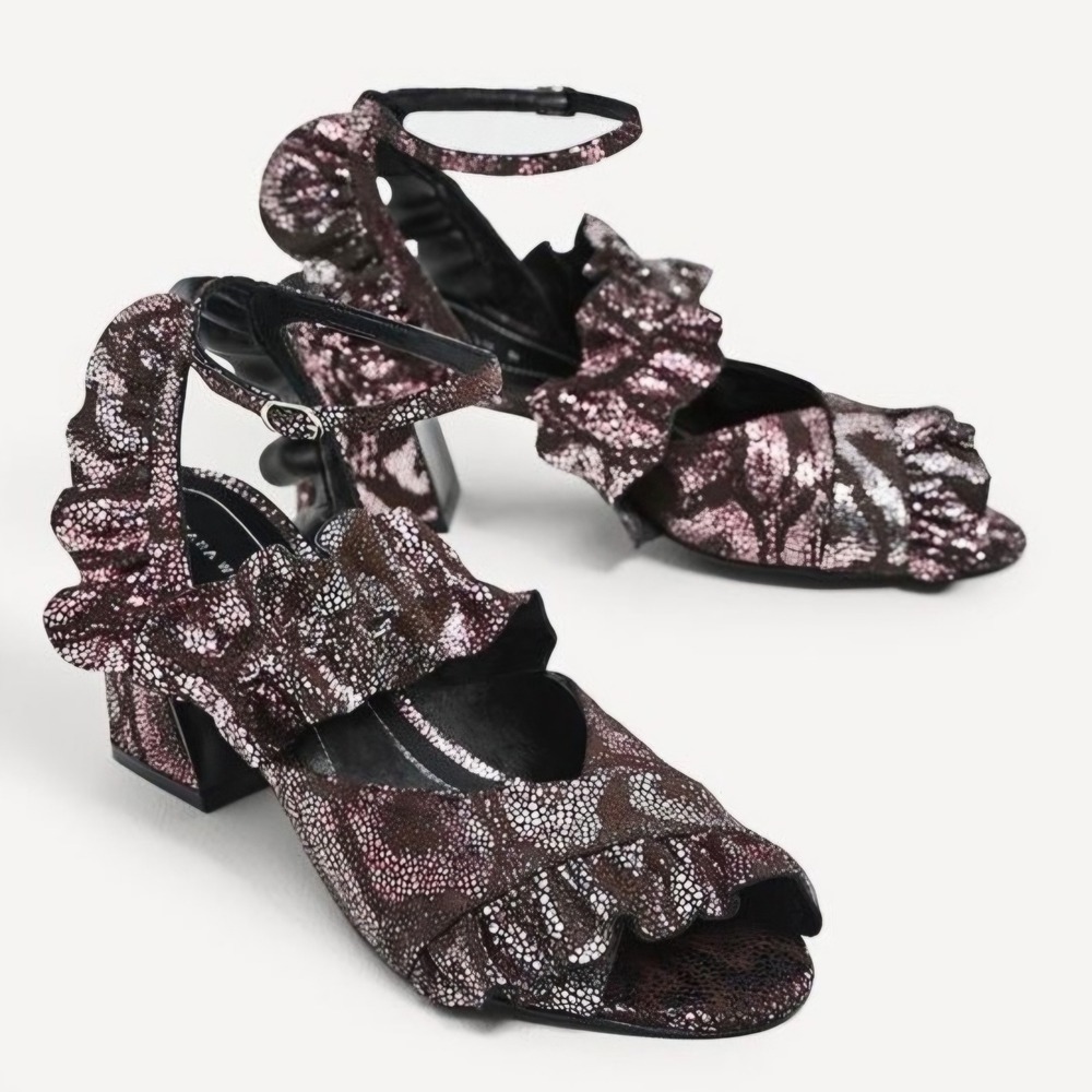 Zara Woman 39 (8.5) Metallic Ruffle Block Heel Sandals Snakeskin Print
